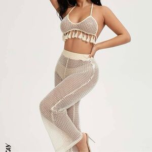 SHEIN VCAY Tassel Hem Hollow Out Backless Knot Halter Top & Skirt Without Panty